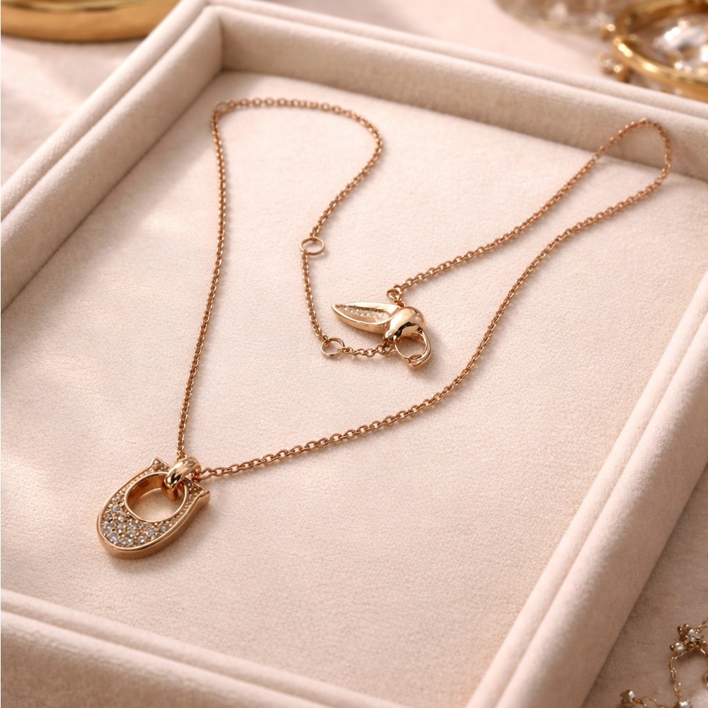 Coach Rose Gold Tone Reversible Pendant Necklace Adjustable 16”-18” Pavé Detail